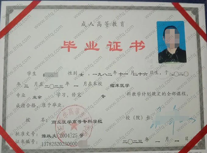 商丘医学高等专科学校2023年业余专科毕业证书样本图片（临床医学）