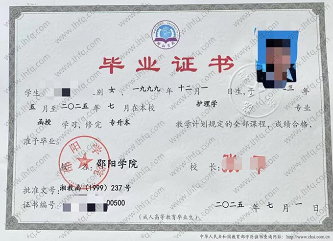 邵阳学院2025年函授专升本科毕业证书样本图片（护理学）