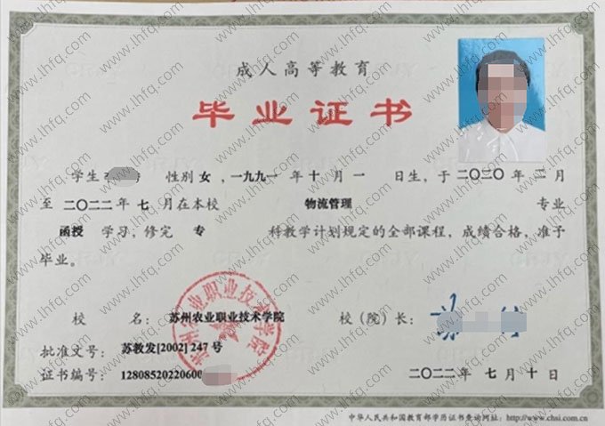 苏州农业职业技术学院2022年函授专科毕业证书样本图片（物流管理）