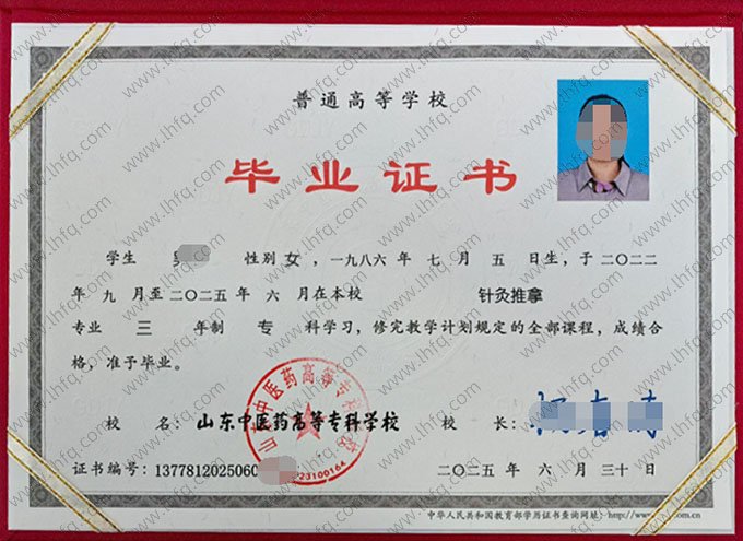 山东中医药高等专科学校2025年普通全日制专科毕业证书样本图片（针灸推拿）