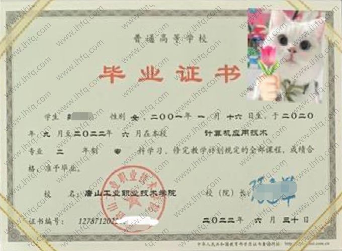 唐山工业职业技术学院2022年普通全日制专科毕业证书样本图片（计算机应用技术）