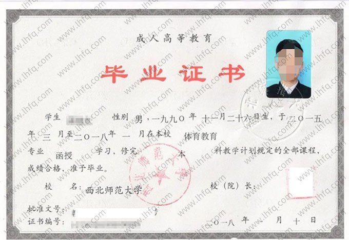 西北师范大学2018年函授本科毕业证书样本图片（体育教育）