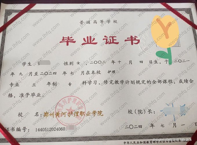 郑州黄河护理职业学院2024年普通全日制专科毕业证书样本图片（护理）