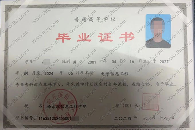 哈尔滨信息工程学院2024年普通全日制专科起点本科毕业证书样本图片（电子信息工程）