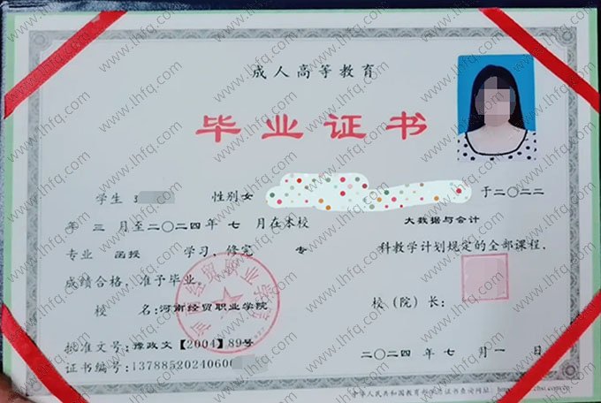 河南经贸职业学院2024年函授专科毕业证书样本图片（大数据与会计）