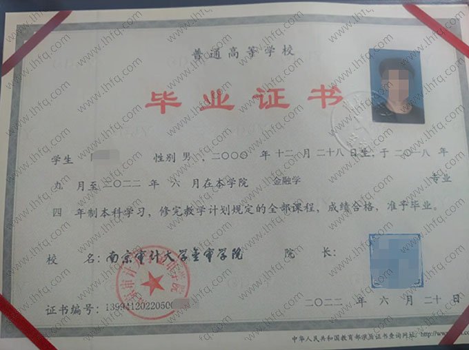 南京审计大学金审学院2022年普通全日制本科毕业证书样本图片（金融学）