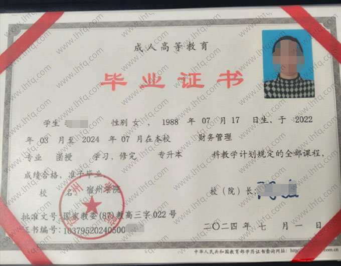 宿州学院2024年函授专升本科毕业证书样本图片（财务管理）