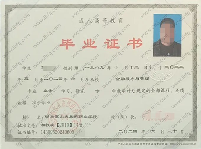 湖南高尔夫旅游职业学院2024年业余专科毕业证书样本图片（金融服务与管理）