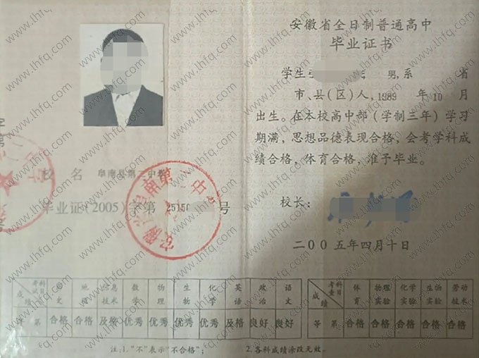 阜南县第二中学2005年普通高中毕业证书样本图片