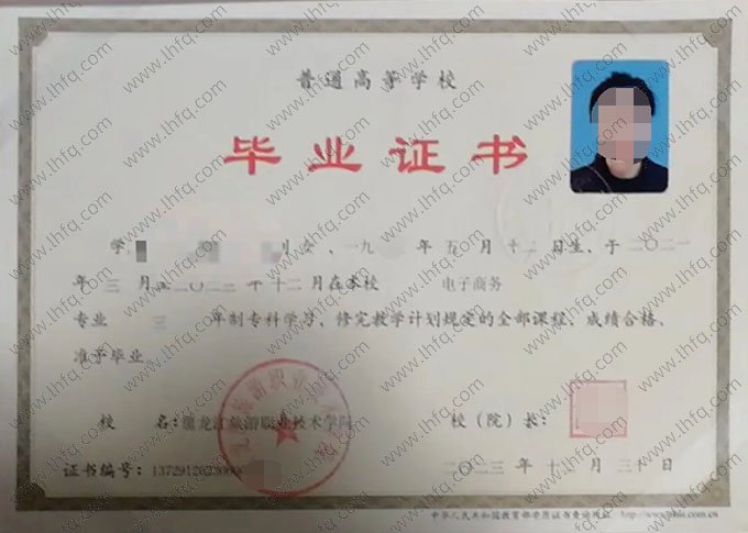 黑龙江旅游职业技术学院2023年普通全日制专科毕业证书样本图片（电子商务）