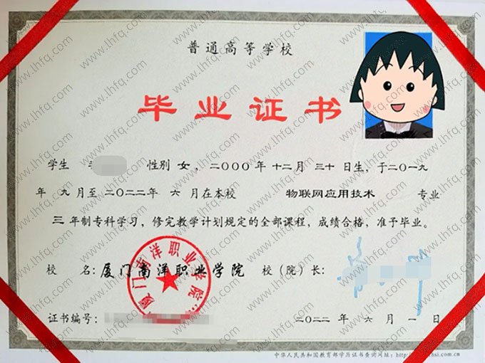 厦门南洋职业学院2022年普通全日制专科毕业证书样本图片（物联网应用技术）