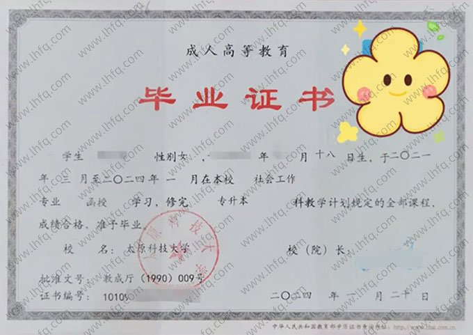 太原科技大学2024年函授专升本科毕业证书样本图片（社会工作）