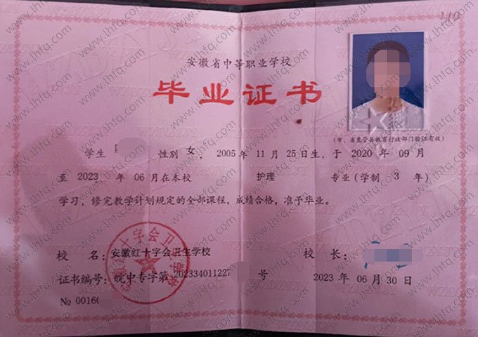 安徽红十字会卫生学校2023年中专（中职）毕业证书样本图片