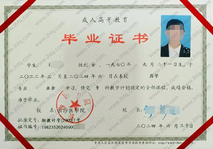 长沙医学院2024年业余专科毕业证书样本图片（药学）