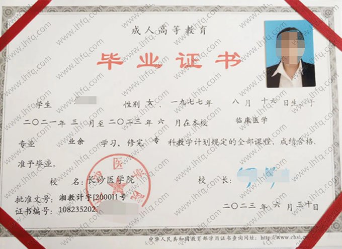 长沙医学院2023年函授专科毕业证书样本图片（临床医学）