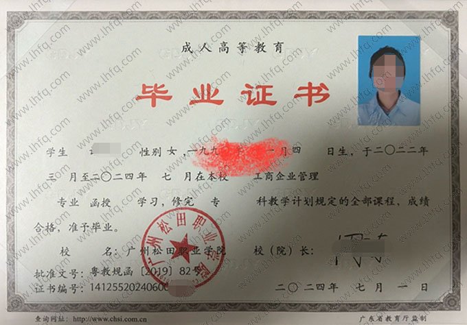 广州松田职业学院2024年函授专科毕业证书样本图片（工商企业管理）