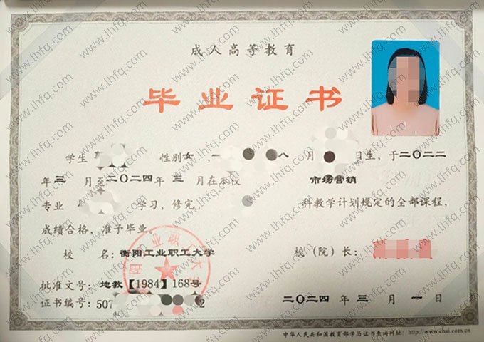 衡阳工业职工大学2024年脱产专科毕业证书样本图片（市场营销）