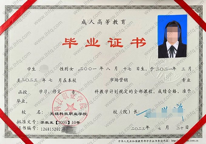 无锡科技职业学院2023年函授专科毕业证书样本图片（市场营销）