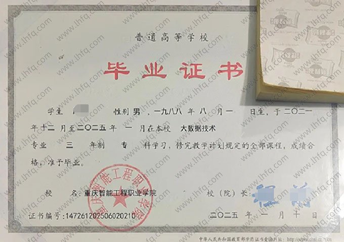 重庆智能工程职业学院2025年普通全日制专科毕业证书样本图片（大数据技术）