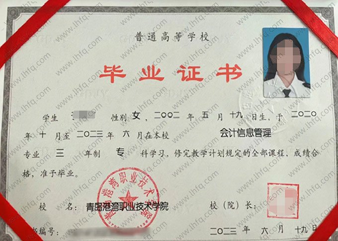 青岛港湾职业技术学院2023年普通全日制专科毕业证书样本图片（会计信息管理）