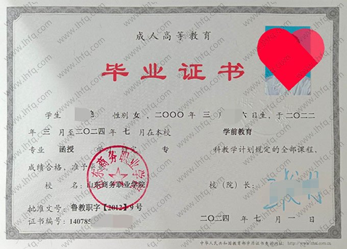 山东商务职业学院2024年函授专科毕业证书样本图片（学前教育）