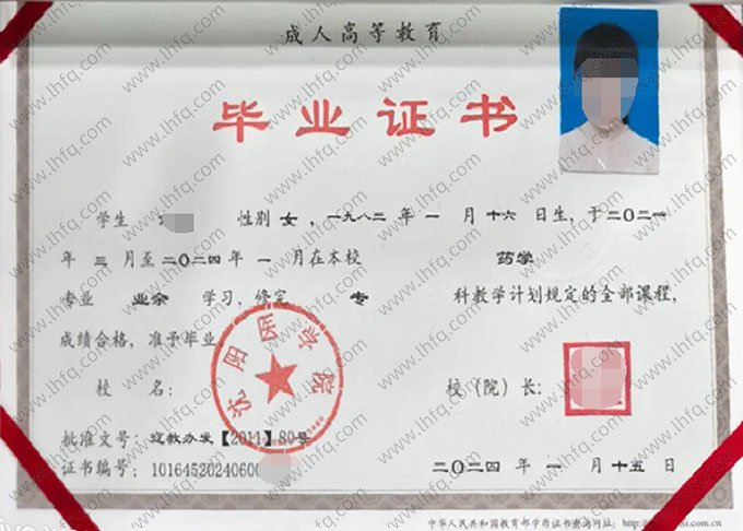 沈阳医学院2024年业余专科毕业证书样本图片（药学）