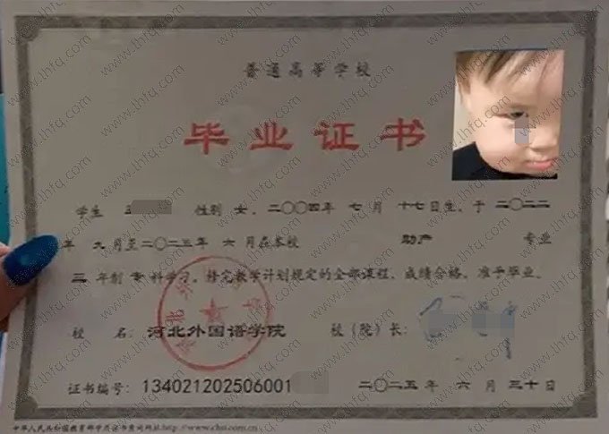 河北外国语学院2025年普通全日制专科毕业证书样本图片（助产）
