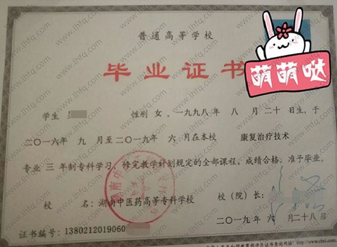 湖南中医药高等专科学校2019年普通全日制专科毕业证书样本图片（康复治疗技术）