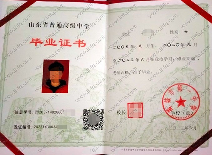 禹城市第一中学2023年普通高中毕业证书样本图片