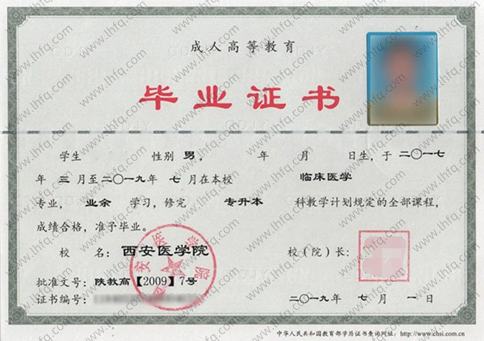 西安医学院2019年业余专升本科毕业证书样本图片（临床医学）