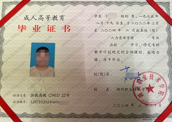 湖州职业技术学院2024年函授专科毕业证书样本图片（人力资源管理）