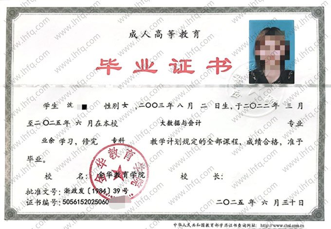 金华教育学院2025年业余专科毕业证书样本图片（大数据与会计）