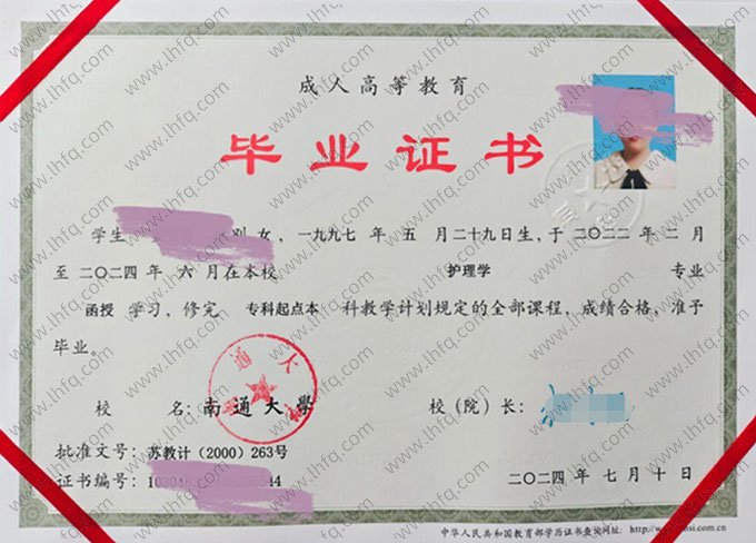 南通大学2024年函授专科起点本科毕业证书样本图片（护理学）