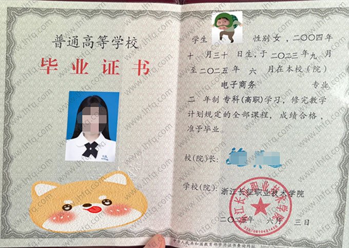 浙江长征职业技术学院2025年普通全日制专科毕业证书样本图片（电子商务）