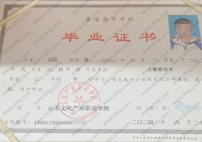 山东文化产业职业学院2024年普通全日制专科毕业证书样本图片（大数据技术）