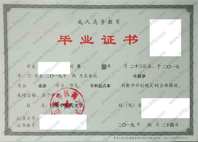 山东中医药大学2019年业余专科起点本科毕业证书样本图片（中药学）