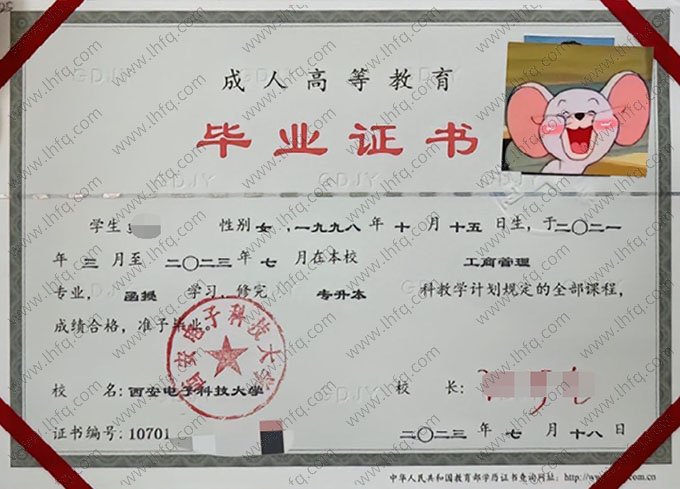 西安电子科技大学2023年函授专升本科毕业证书样本图片（工商管理）