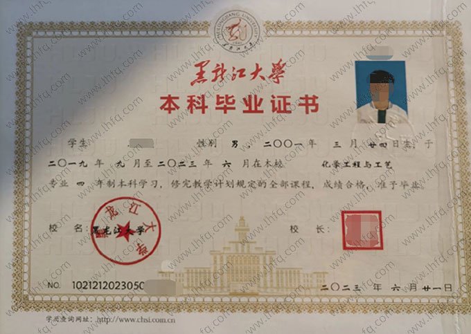 黑龙江大学2023年普通全日制本科毕业证书样本图片（化学工程与工艺）