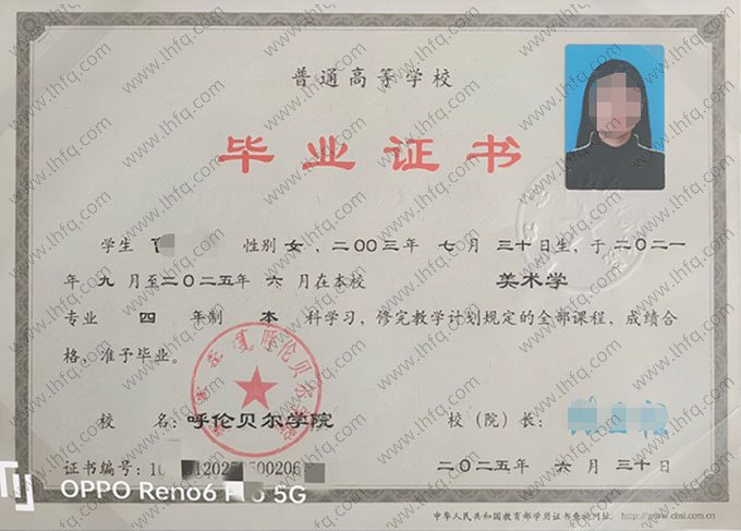 呼伦贝尔学院2025年普通全日制本科毕业证书样本图片（美术学）