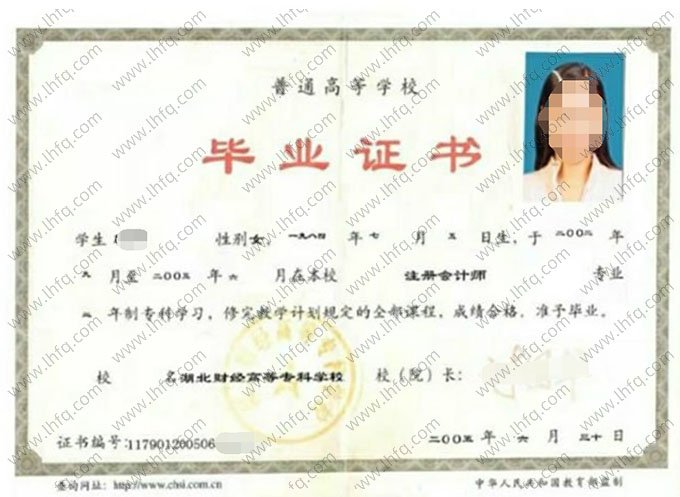 湖北财经高等专科学校2005年普通全日制专科毕业证书样本图片（注册会计师）