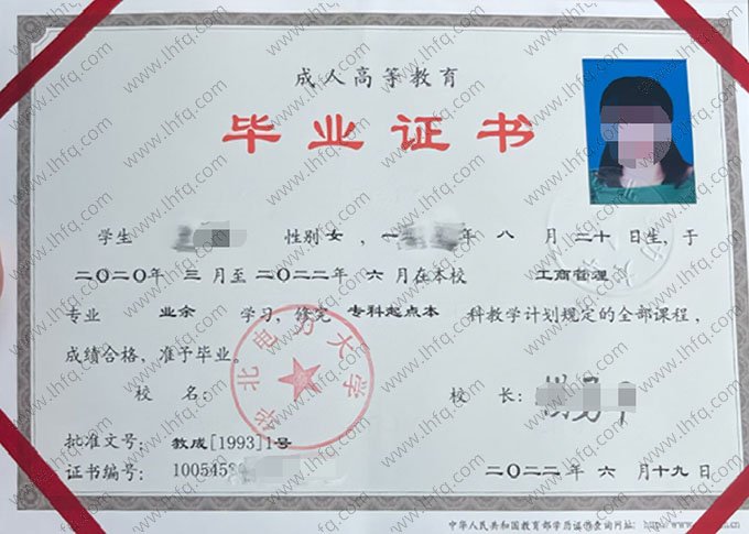 华北电力大学2022年业余专科起点本科毕业证书样本图片（工商管理）