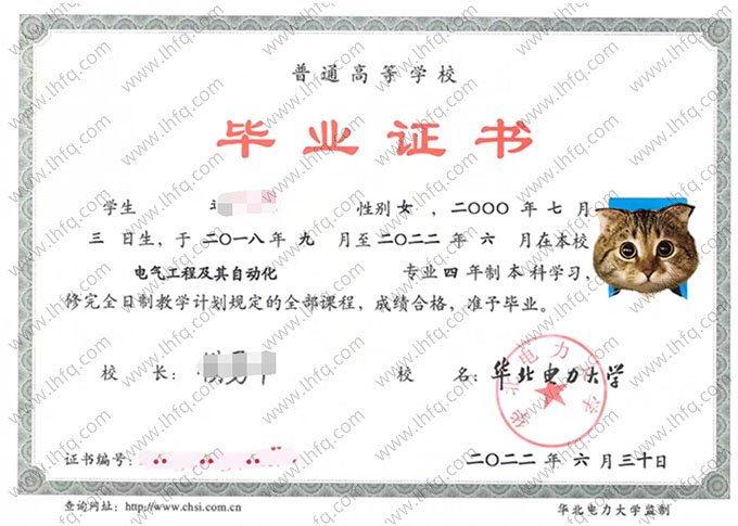 华北电力大学2022年普通全日制本科毕业证书样本图片（电气工程及其自动化）