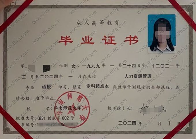 华南师范大学2024年函授专科起点本科毕业证书样本图片（人力资源管理）