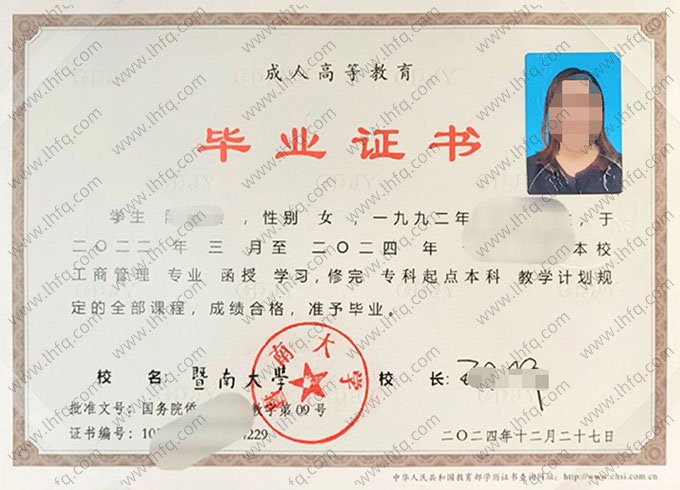 暨南大学2024年函授专科起点本科毕业证书样本图片（工商管理）