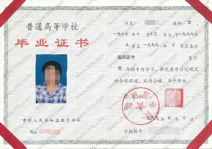 锦州医学院1999年普通全日制专科毕业证书样本图片（临床医学）