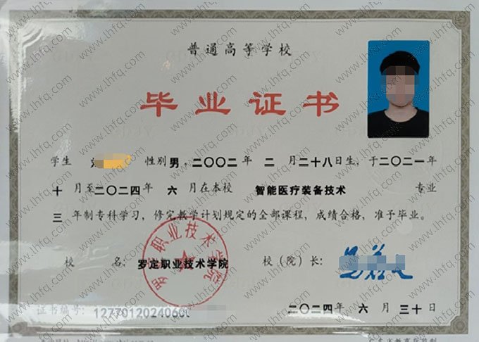 罗定职业技术学院2024年普通全日制专科毕业证书样本图片（智能医疗装备技术）