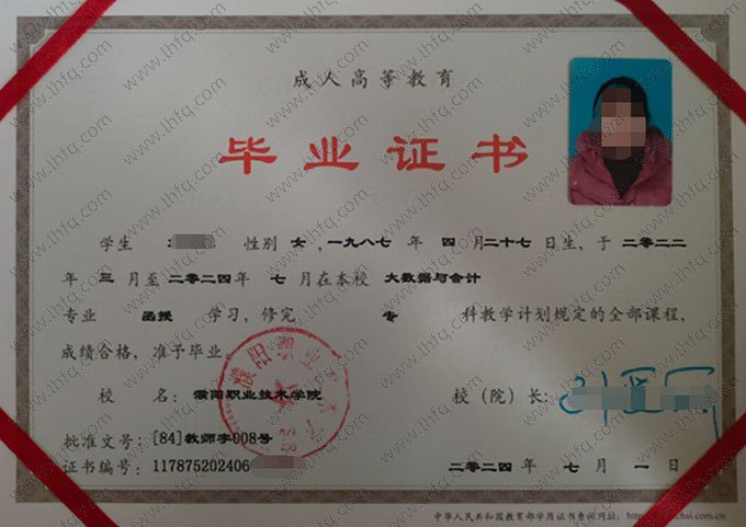 濮阳职业技术学院2024年函授专科毕业证书样本图片（大数据与会计）