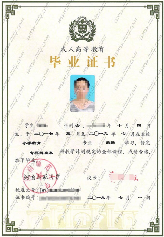 河南师范大学2019年函授专科起点本科毕业证书样本图片（小学教育）