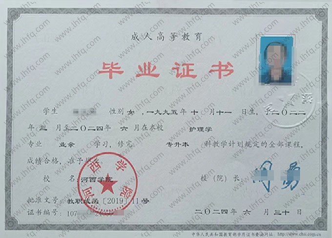 河西学院2024年业余专升本科毕业证书样本图片（护理学）