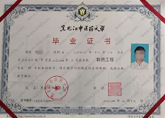 黑龙江中医药大学2024年普通全日制本科毕业证书样本图片（制药工程）